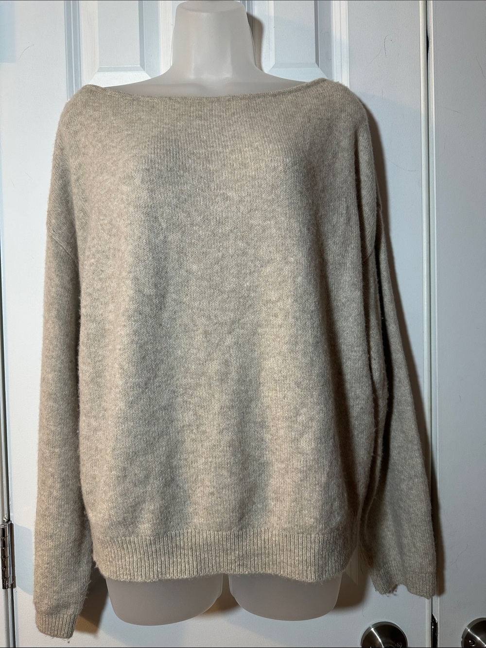 Abercrombie & Fitch Merino Wool-Blend Off-the-Shoulder Sweater in Light Beige